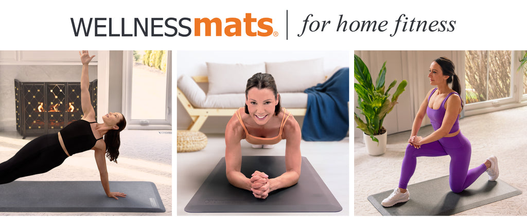 Three women on WellnessMats doing various fitness poses in their homes 